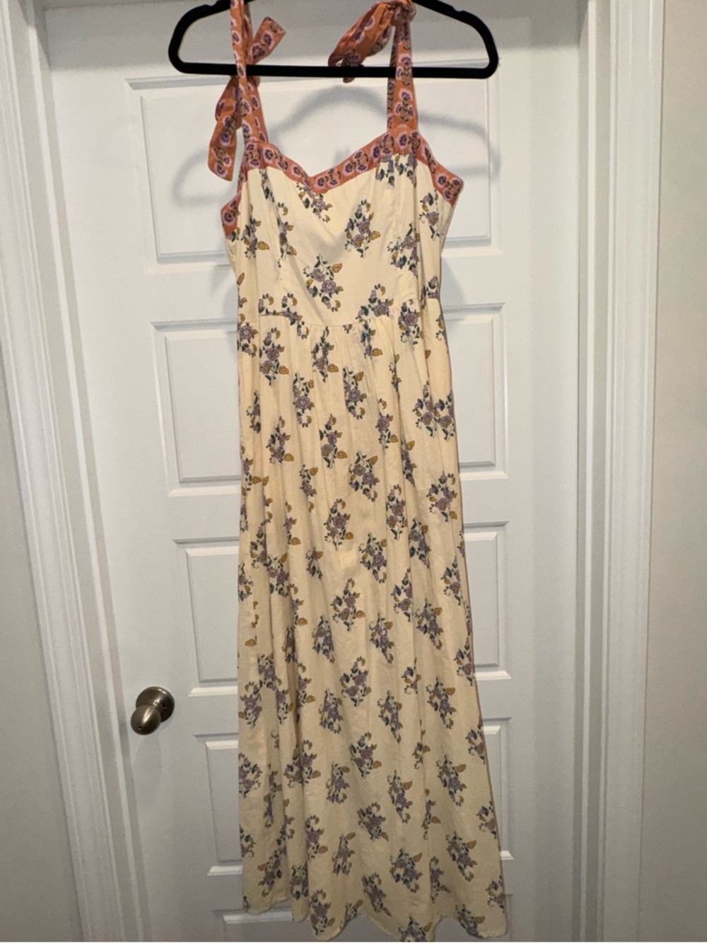 Patrons of Peace Cream Floral Tie-Shoulder Maxi Dress with Pink Trim